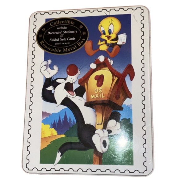 USPS Looney Tunes Stationery and Note Cards Metal Box Tweety Sylvester - Picture 1 of 2